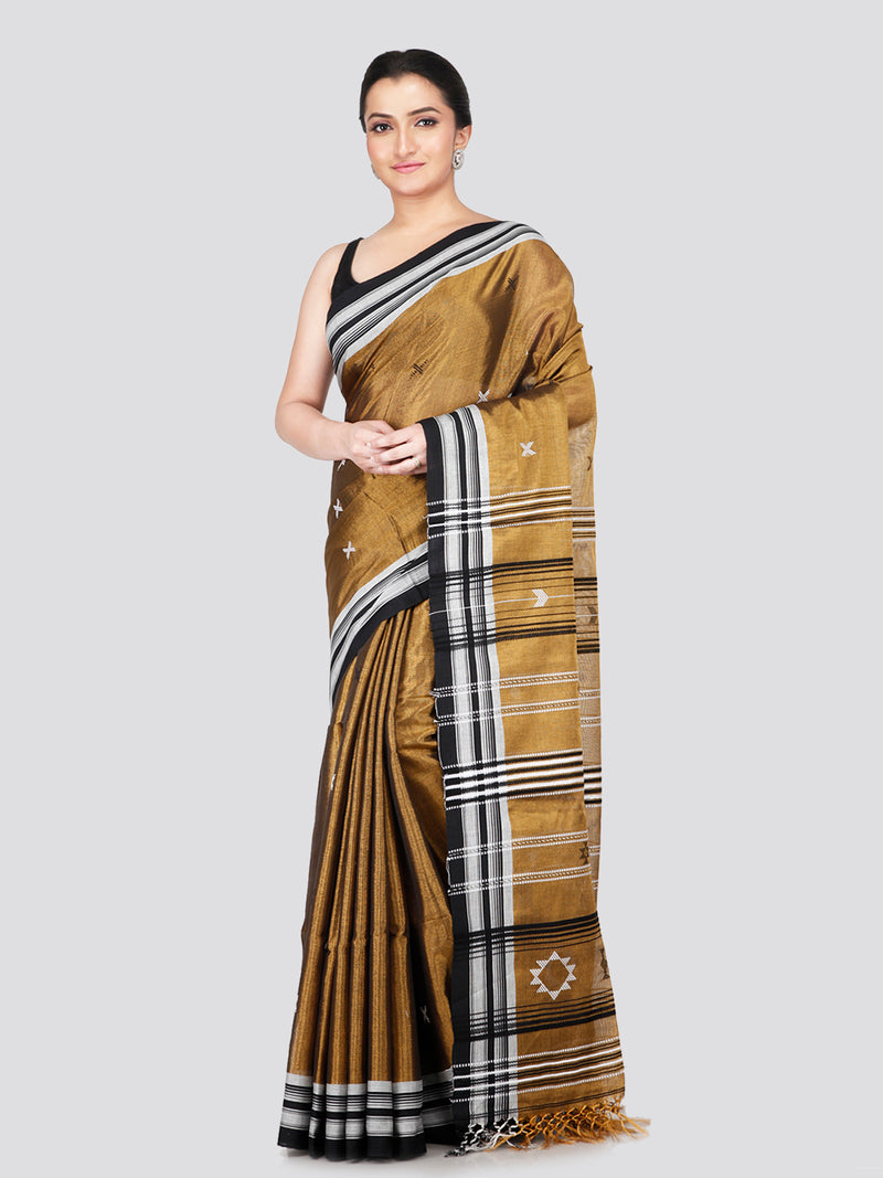 PinkLoom Women's Gold Cotton Silk Saree