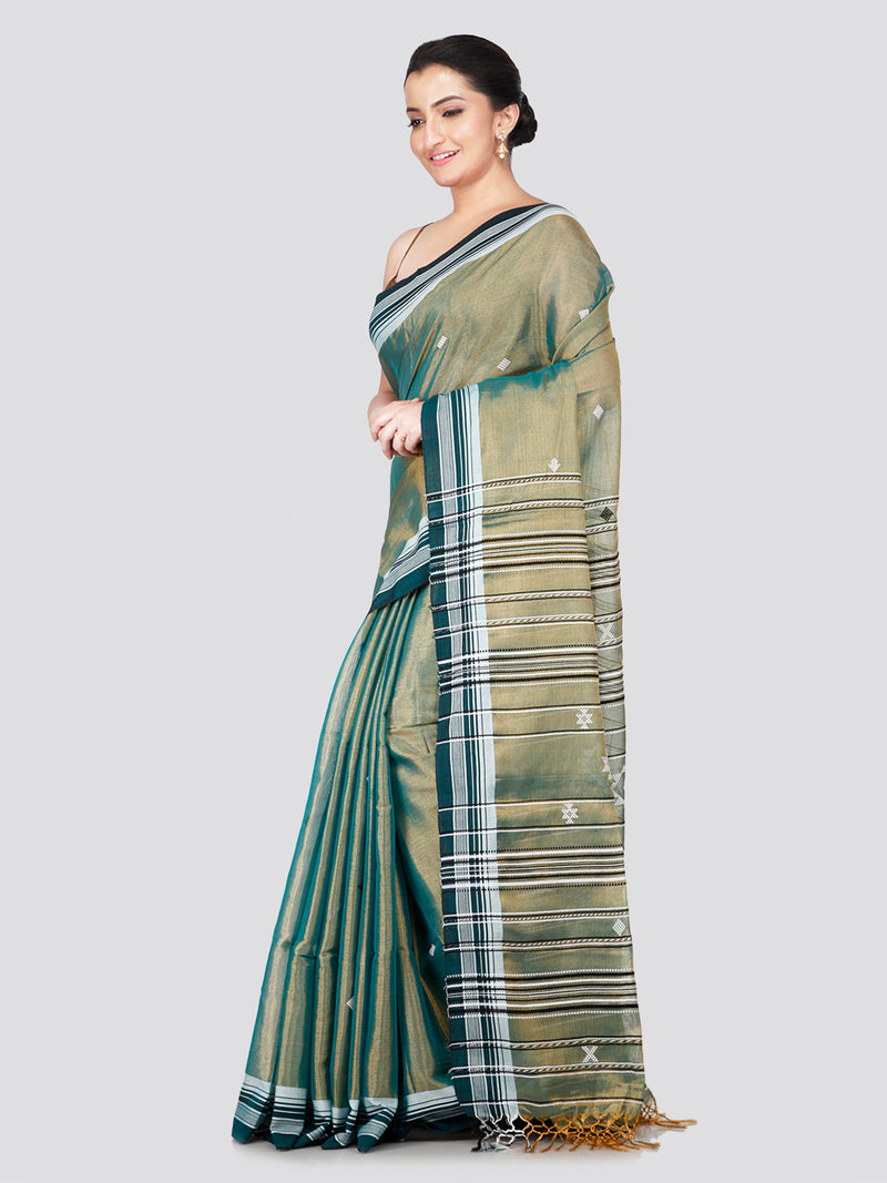 PinkLoom Women's Green Cotton Silk Saree