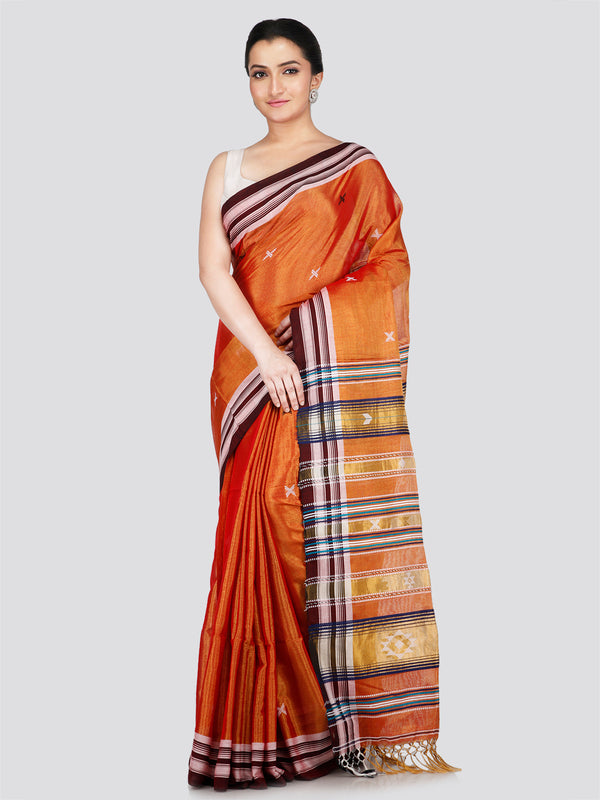 PinkLoom Women's Orange Cotton Silk Saree