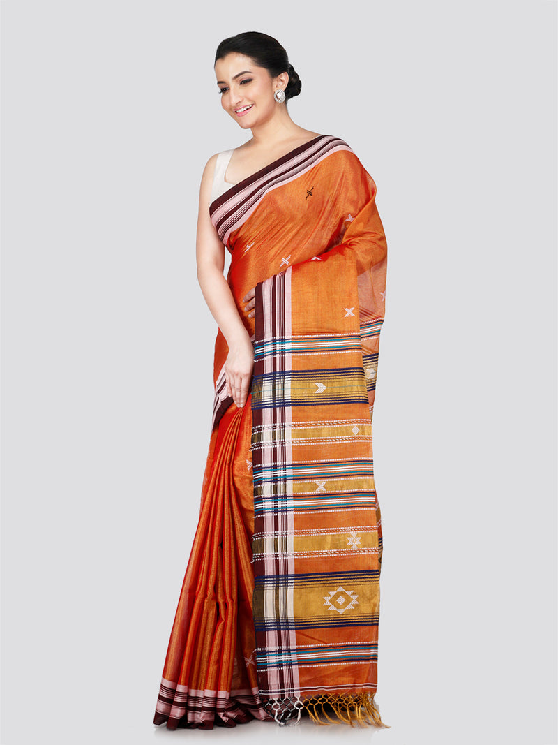 PinkLoom Women's Orange Cotton Silk Saree