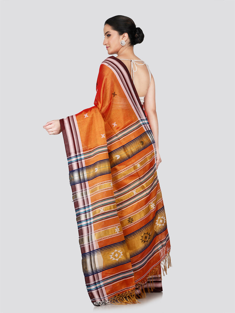 PinkLoom Women's Orange Cotton Silk Saree