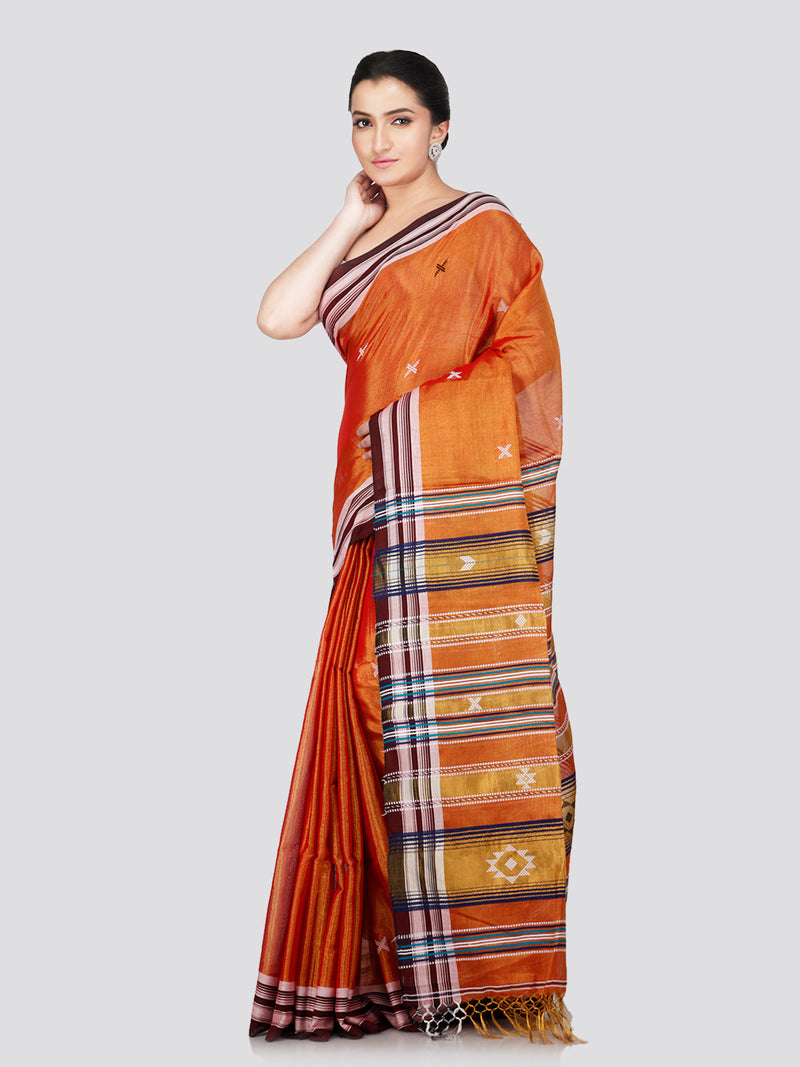 PinkLoom Women's Orange Cotton Silk Saree