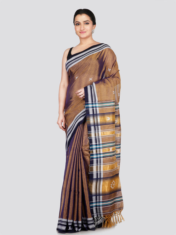 PinkLoom Women's Brown Cotton Silk Saree