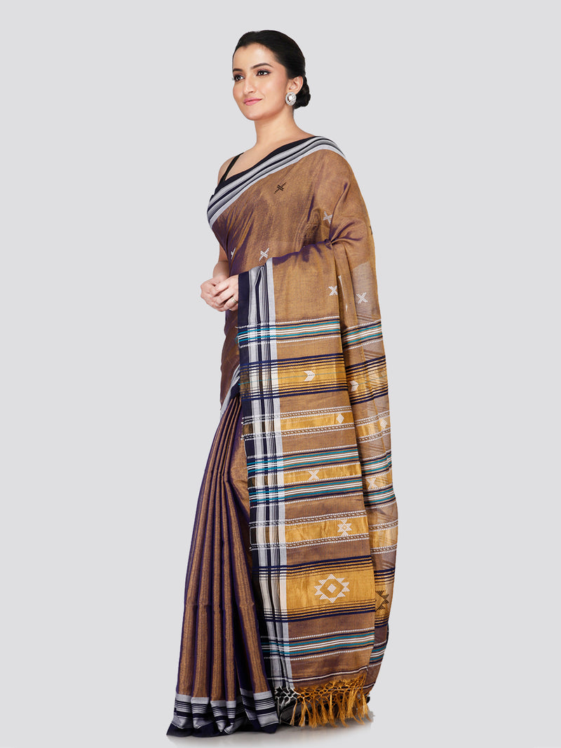 PinkLoom Women's Brown Cotton Silk Saree