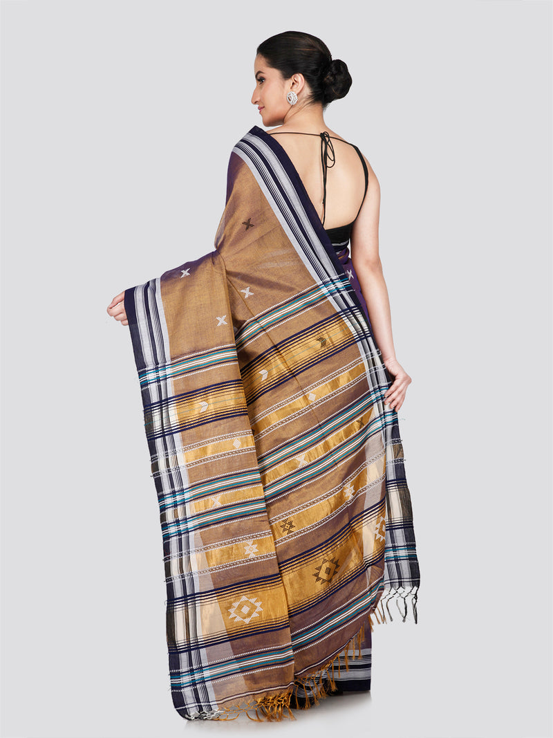 PinkLoom Women's Brown Cotton Silk Saree