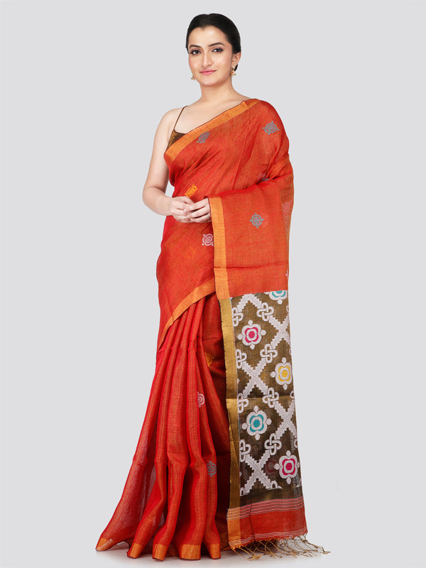 PinkLoom Women's Orange Tissue Linen Saree