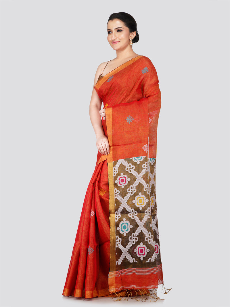 PinkLoom Women's Orange Tissue Linen Saree