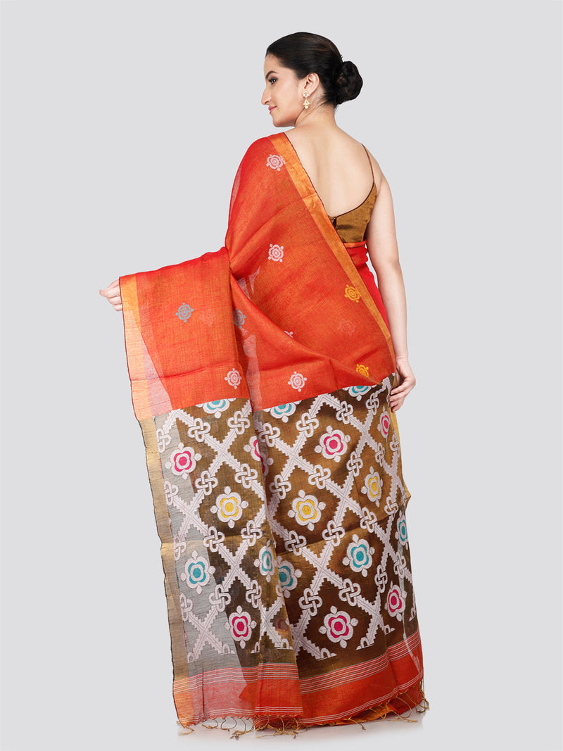 PinkLoom Women's Orange Tissue Linen Saree