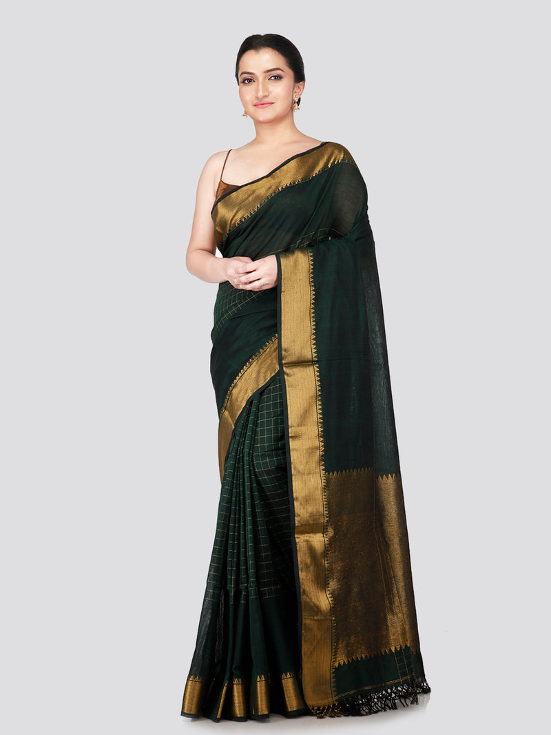 PinkLoom Women's Green Cotton Silk Saree