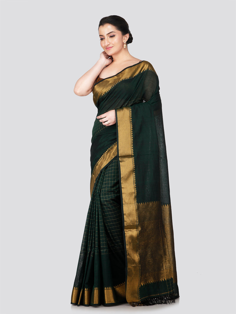 PinkLoom Women's Green Cotton Silk Saree