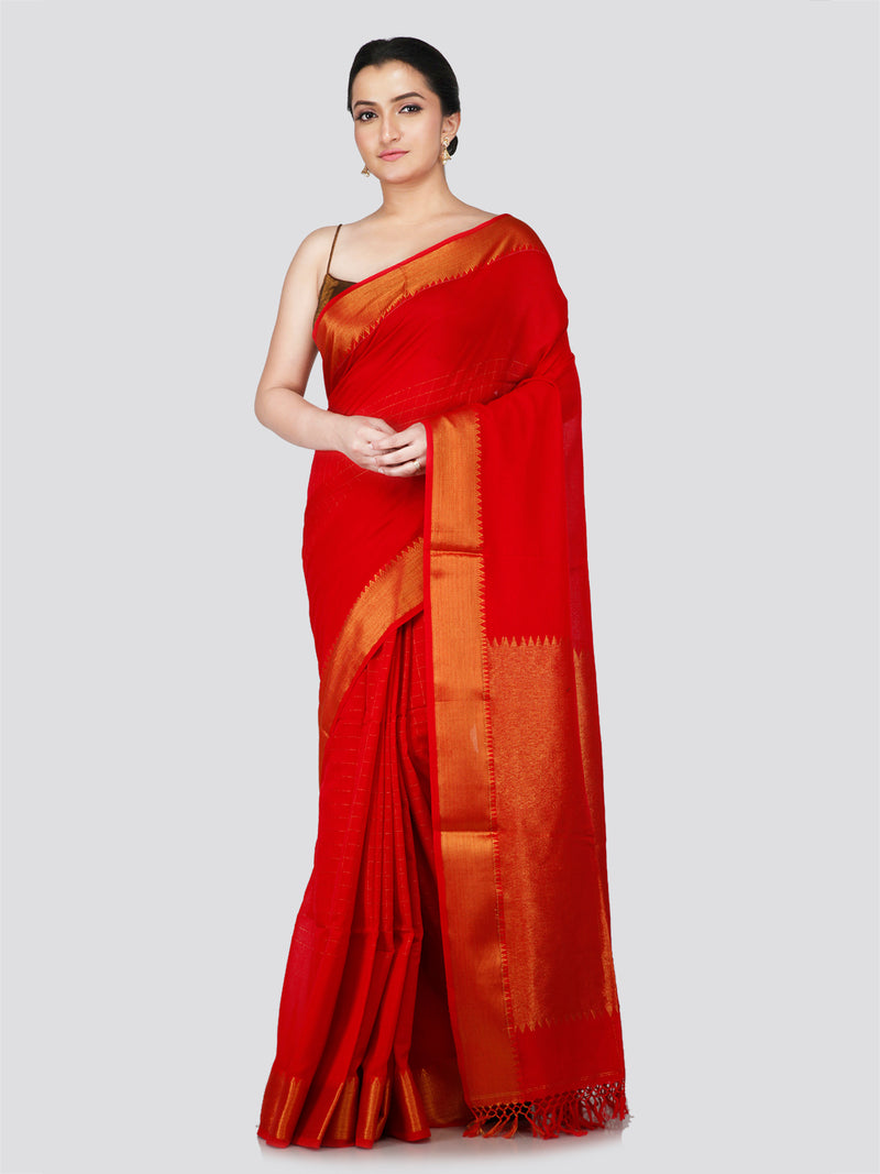 PinkLoom Women's Red Cotton Silk Saree