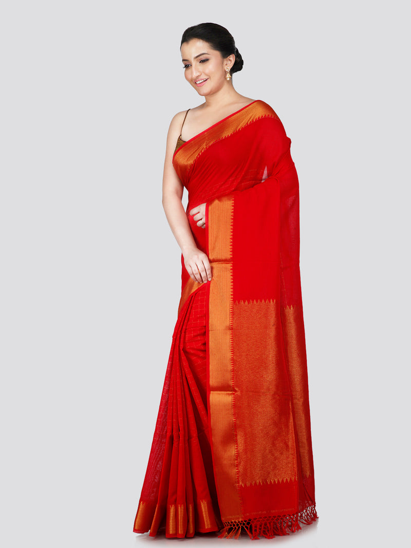 PinkLoom Women's Red Cotton Silk Saree