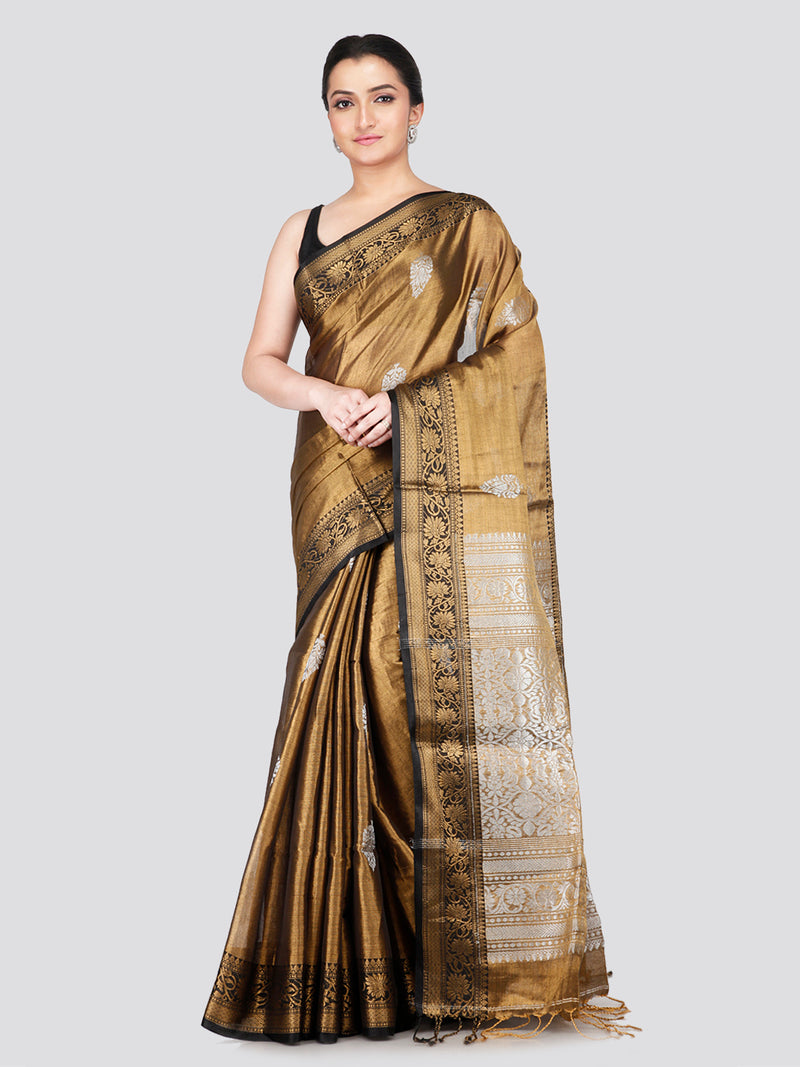 PinkLoom Women's Gold Silk Kanjeevaram Saree