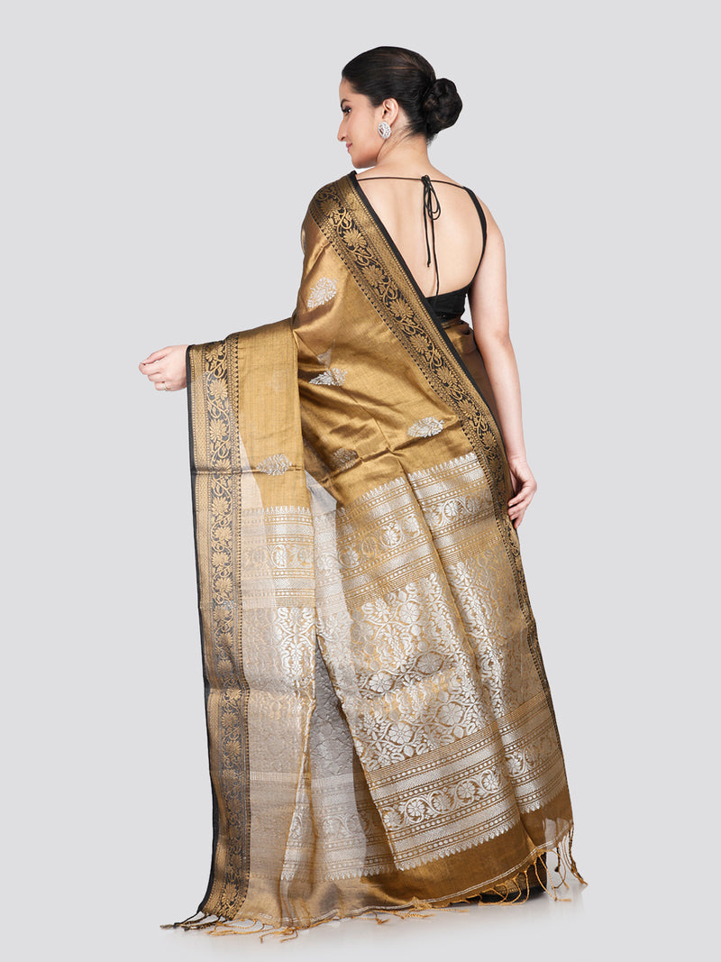 PinkLoom Women's Gold Silk Kanjeevaram Saree