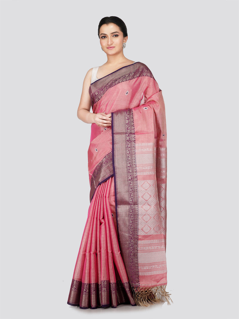 PinkLoom Women's Pink Silk Kanjeevaram  Saree