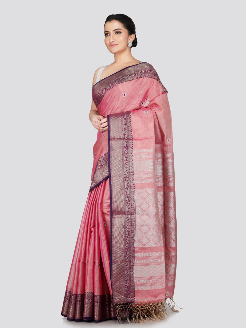 PinkLoom Women's Pink Silk Kanjeevaram  Saree