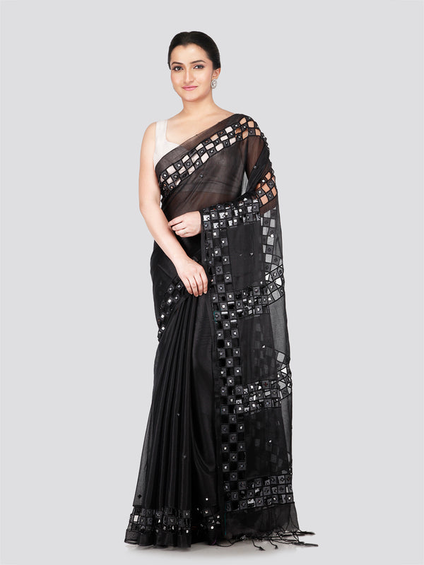 PinkLoom Women's Black Cut work Cotton Silk Saree