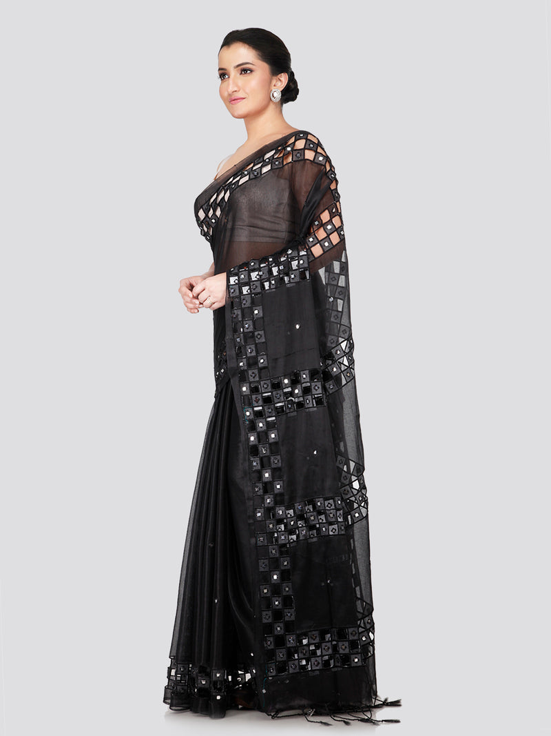 PinkLoom Women's Black Cut work Cotton Silk Saree