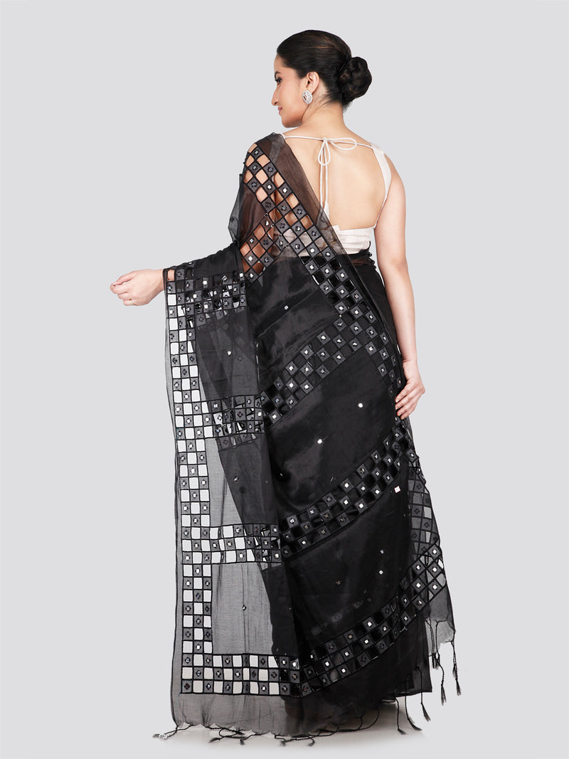 PinkLoom Women's Black Cut work Cotton Silk Saree