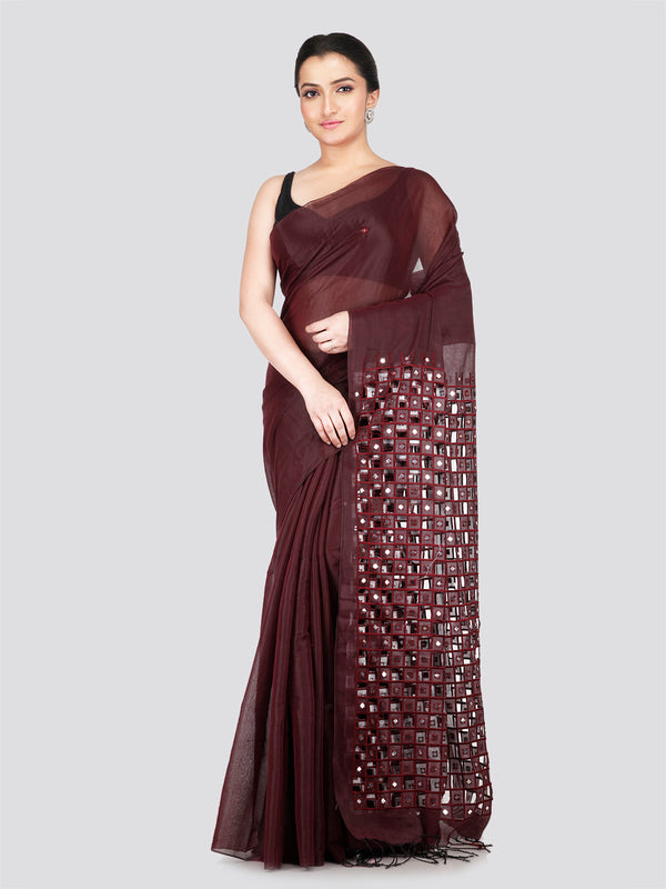 PinkLoom Women's Maroon Cut work Cotton Silk Saree