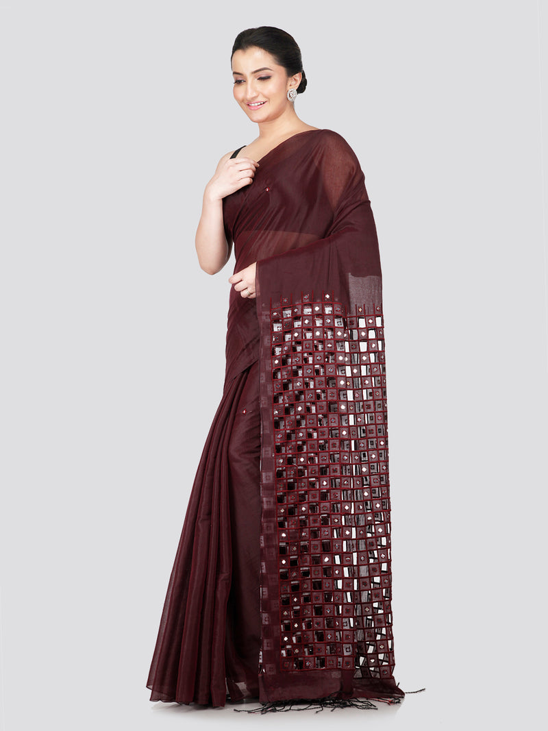 PinkLoom Women's Maroon Cut work Cotton Silk Saree