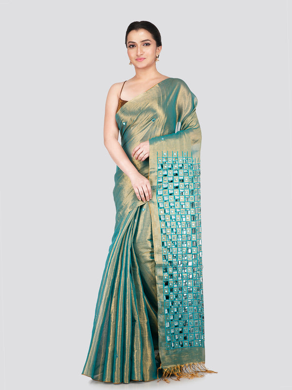 PinkLoom Women's Sea Green Cut work Cotton Silk Saree