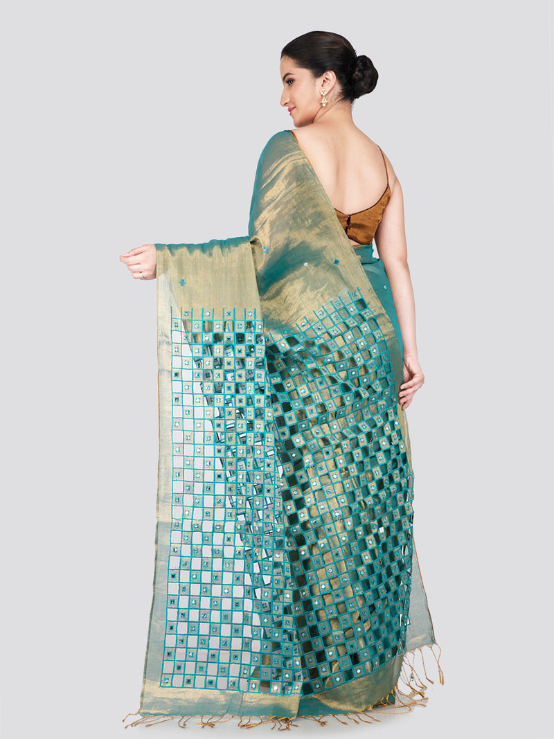 PinkLoom Women's Sea Green Cut work Cotton Silk Saree