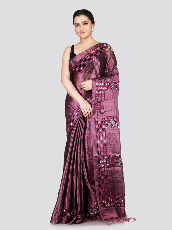 PinkLoom Women's Purple Cut work Cotton Silk Saree