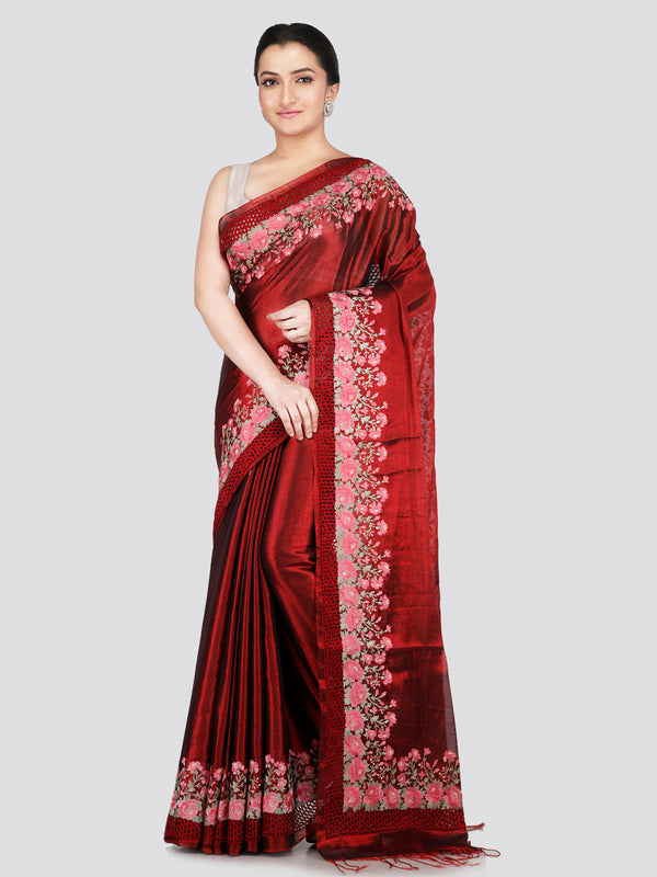 PinkLoom Women's Maroon Cut work Cotton Silk Saree