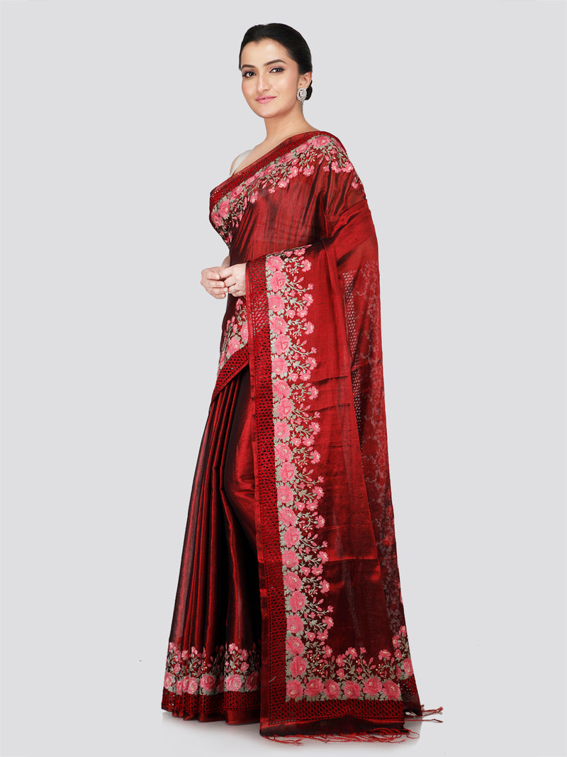 PinkLoom Women's Maroon Cut work Cotton Silk Saree