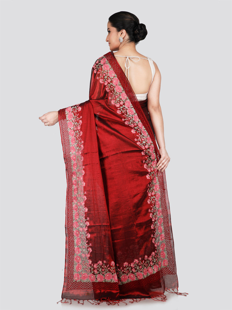 PinkLoom Women's Maroon Cut work Cotton Silk Saree