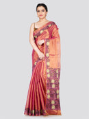 PinkLoom Women's Peach Cut work Cotton Silk Saree