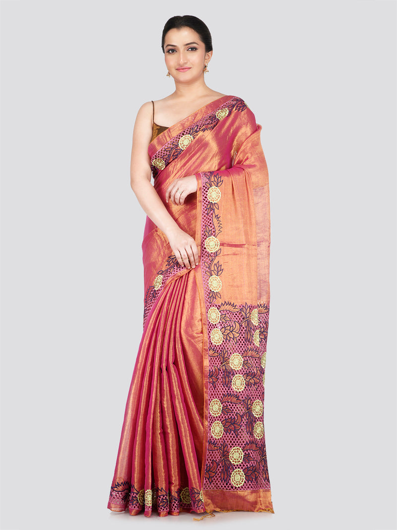 PinkLoom Women's Peach Cut work Cotton Silk Saree