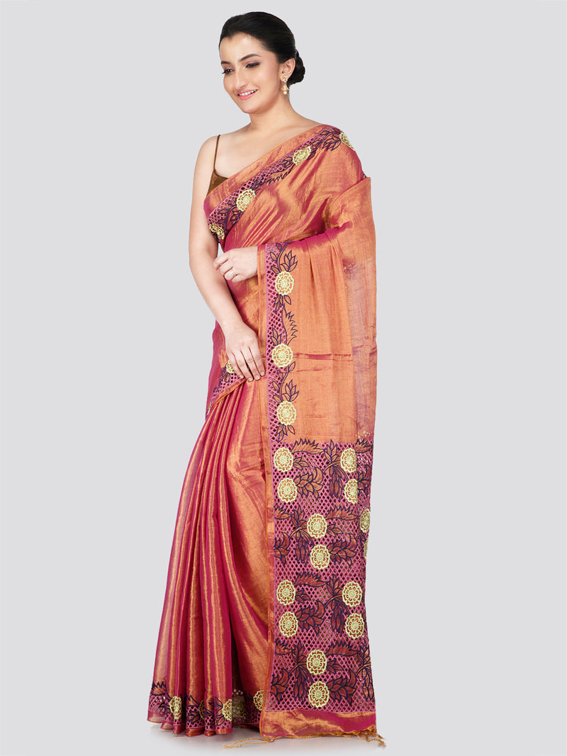 PinkLoom Women's Peach Cut work Cotton Silk Saree