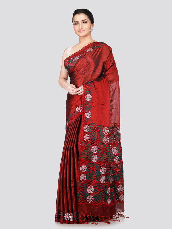 PinkLoom Women's Maroon Cut work Cotton Silk Saree