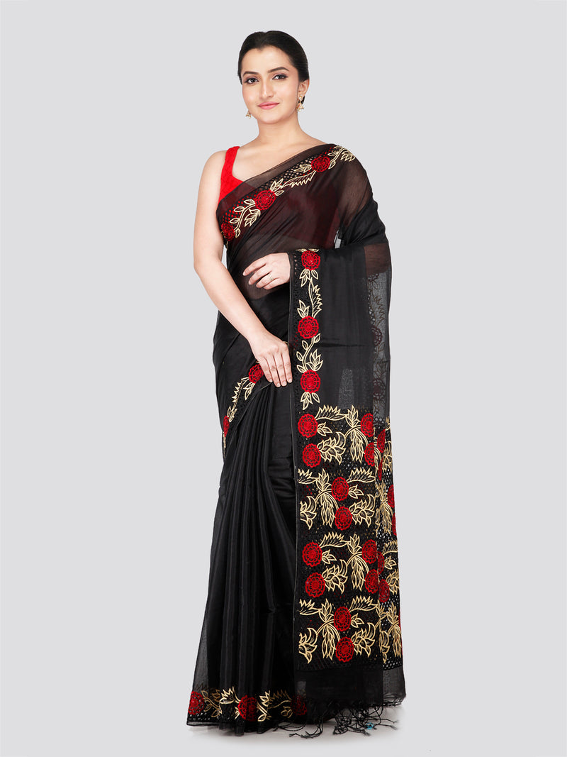 PinkLoom Women's Black Cut work Cotton Silk Saree