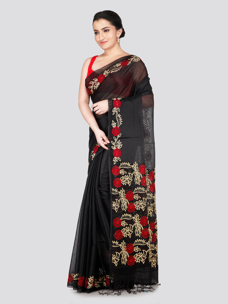 PinkLoom Women's Black Cut work Cotton Silk Saree