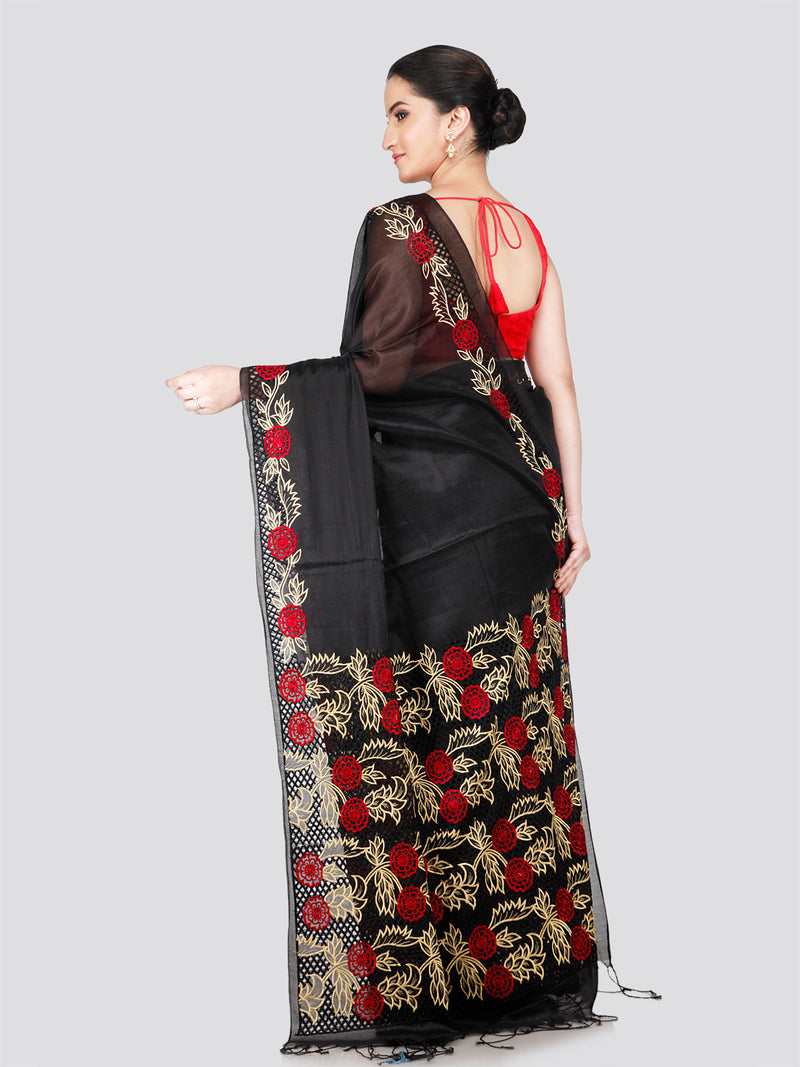 PinkLoom Women's Black Cut work Cotton Silk Saree