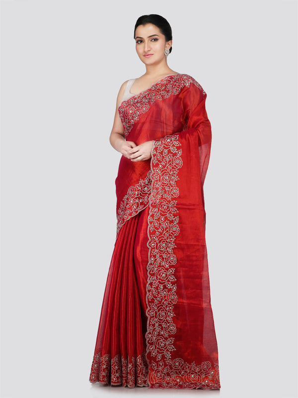 PinkLoom Women's Red Silk Saree