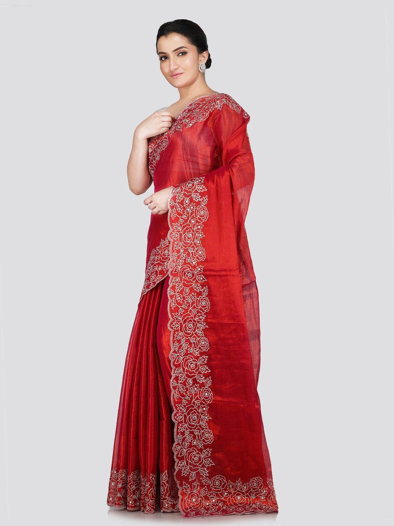 PinkLoom Women's Red Silk Saree