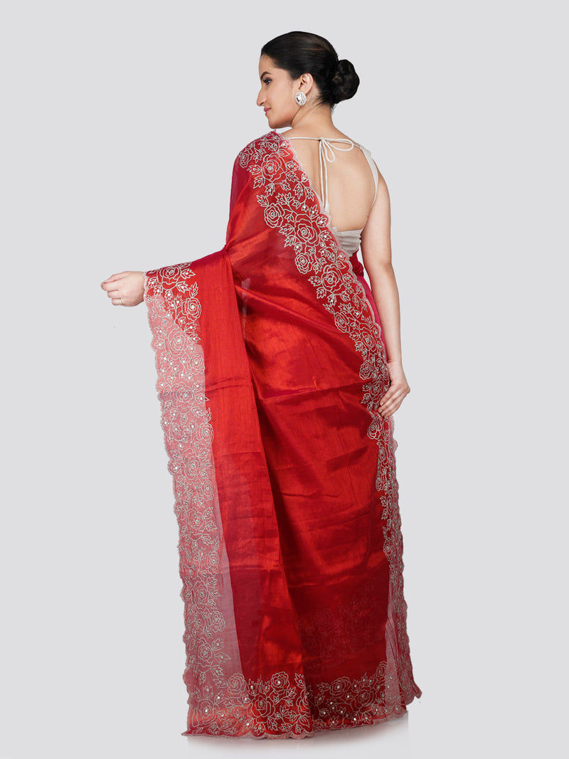 PinkLoom Women's Red Silk Saree