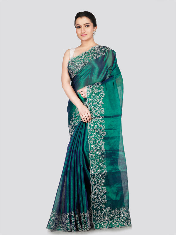 PinkLoom Women's Green Silk Saree