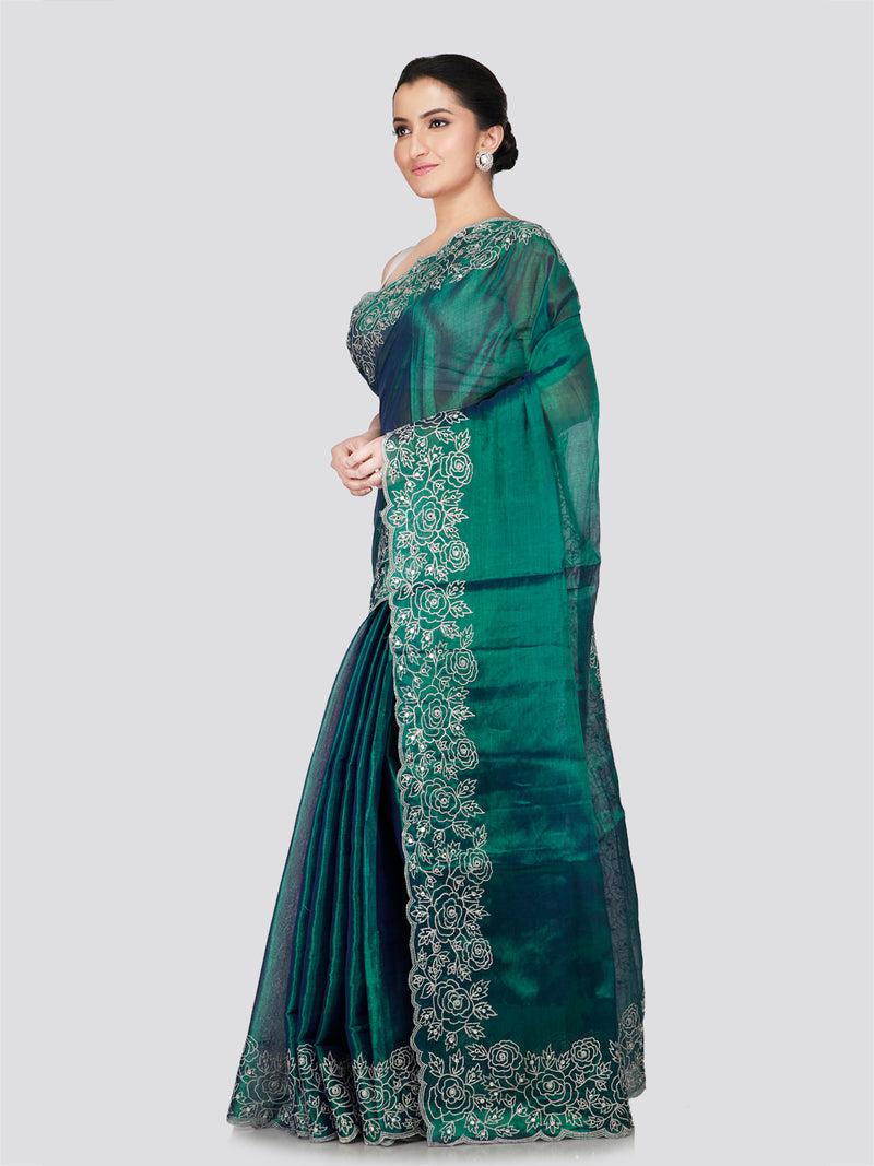 PinkLoom Women's Green Silk Saree