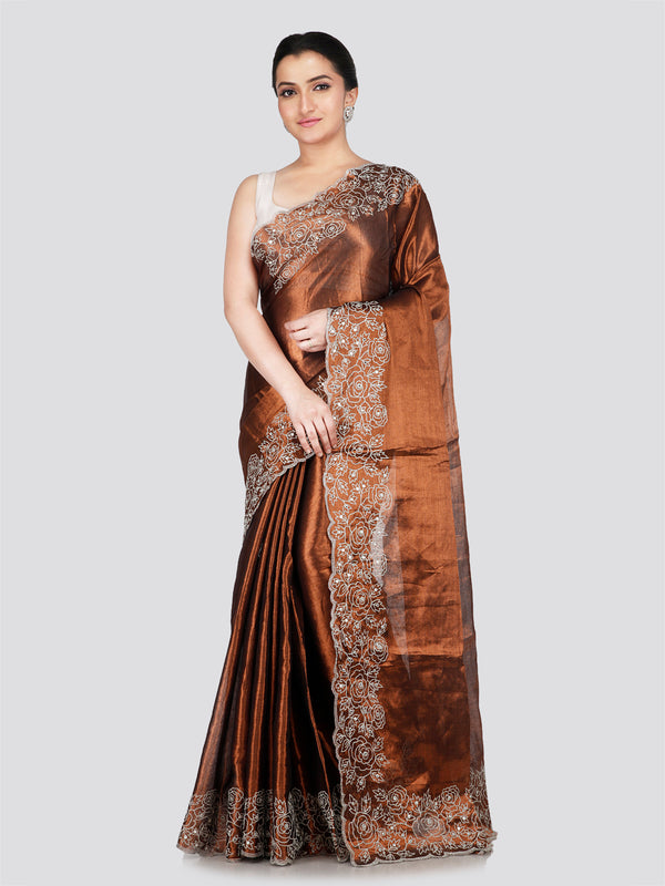 PinkLoom Women's Brown Silk Saree