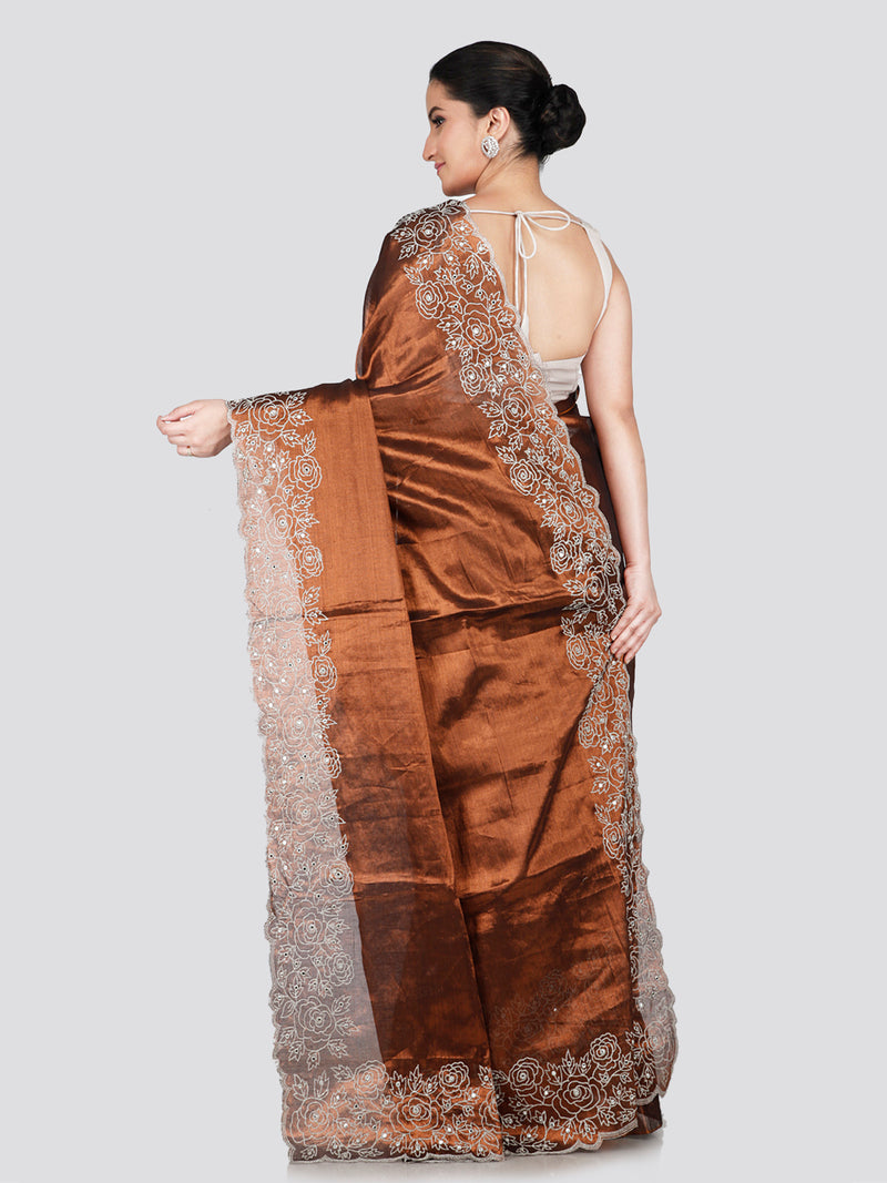 PinkLoom Women's Brown Silk Saree