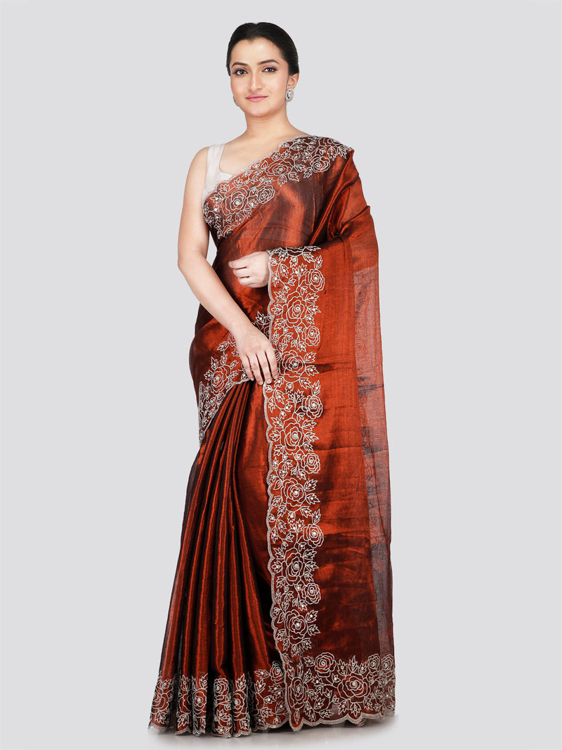 PinkLoom Women's Rust Silk Saree