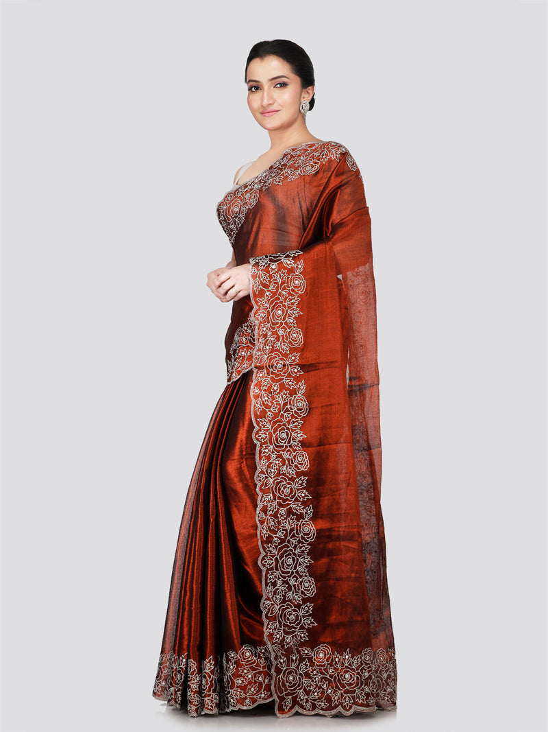 PinkLoom Women's Rust Silk Saree