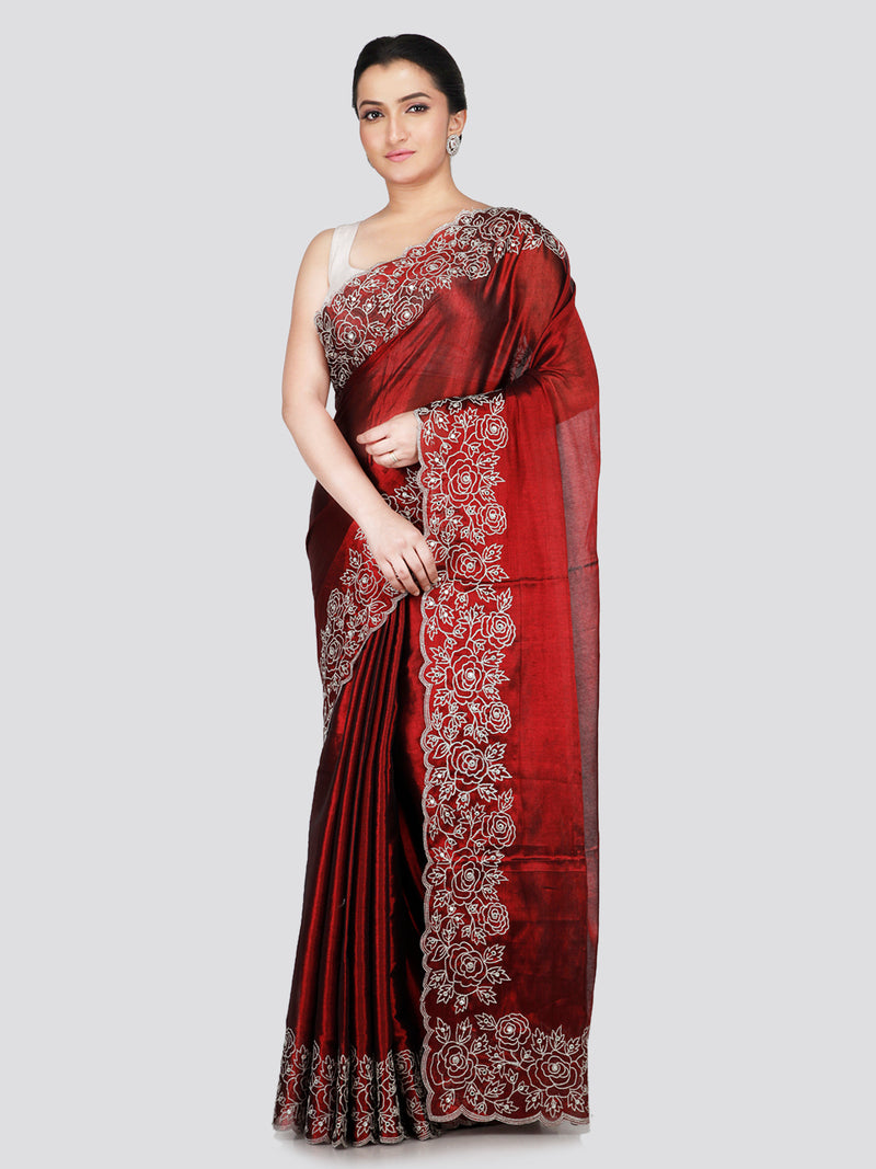 PinkLoom Women's Maroon Silk Saree