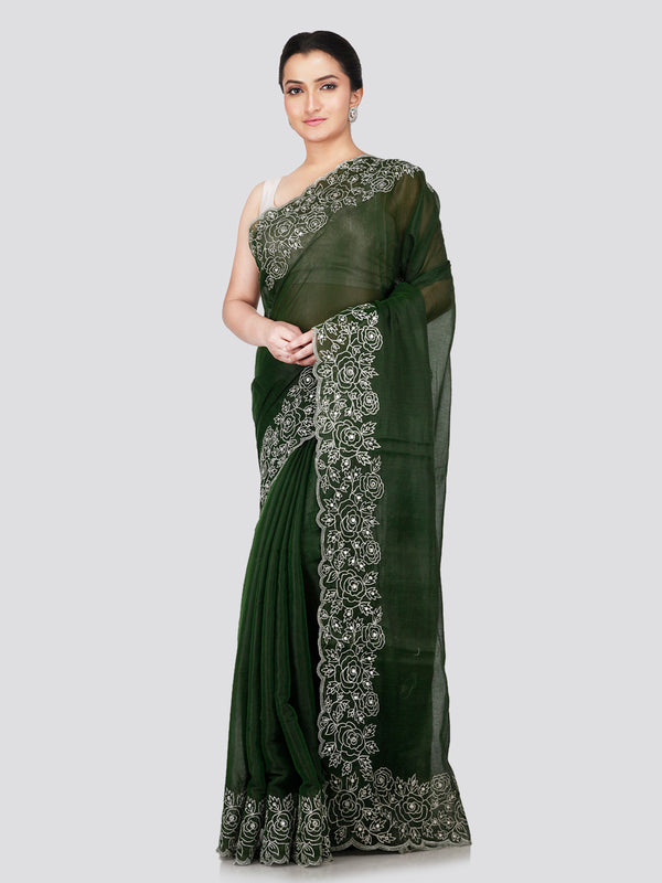 PinkLoom Women's Green Silk Saree