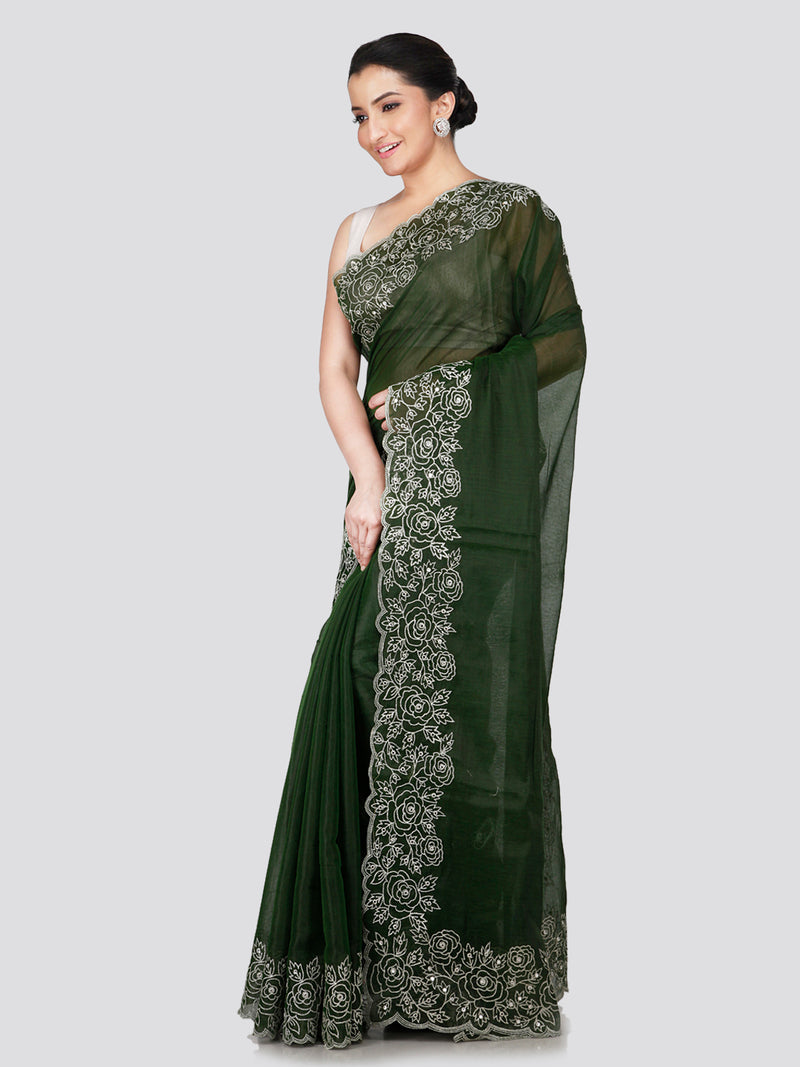 PinkLoom Women's Green Silk Saree